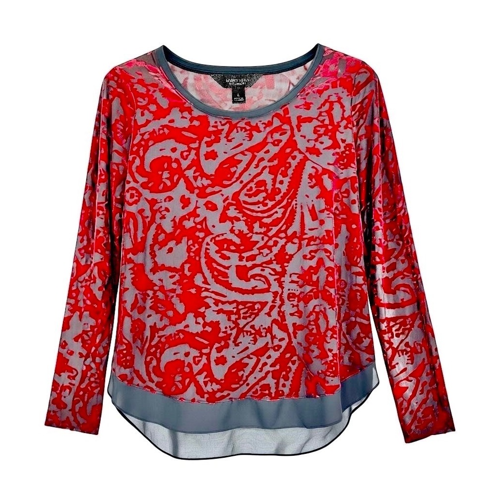 Simply Vera Velvet Burnout Top‎ Sz L Red Black Sheer Hi-Low Holiday Party Event